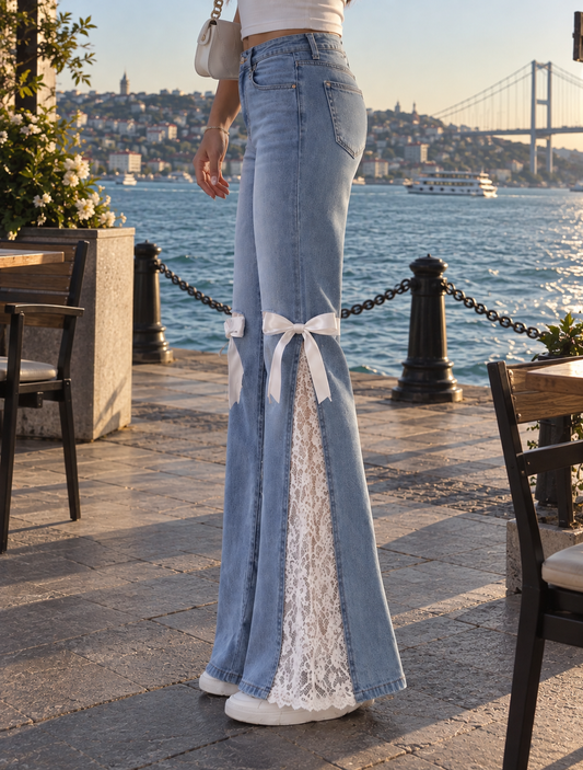 Dantel Detaylı Fiyonk Jean Pantolon